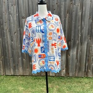 Contrast Sleeve Nautical Print Shirt EUC